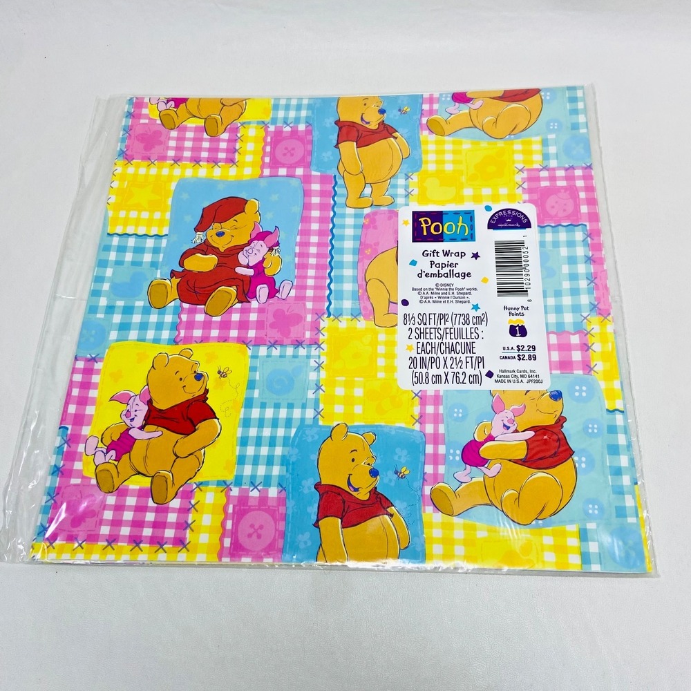 VTG 90s Disney Hallmark Winnie The Pooh‎ Gift Wrap Wrapping Pooh & Piglet Plaid